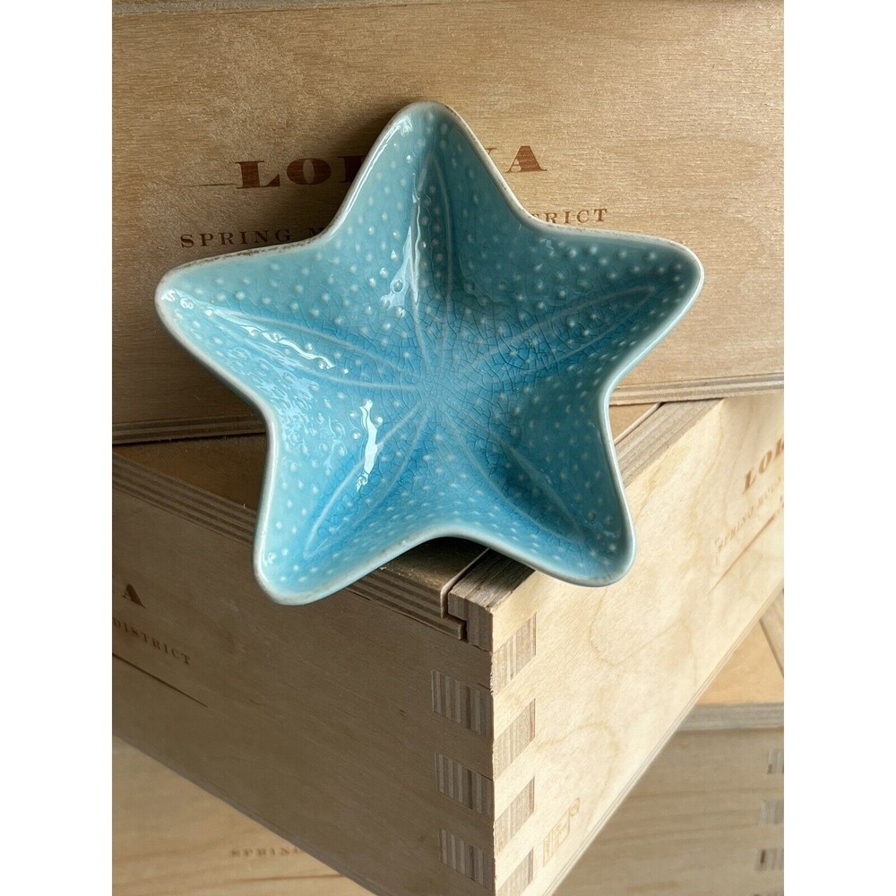 PRIMITIVE ARTISAN Blue Teal Ceramic Starfish Trinket Ring Dish Bowl Boho Beach